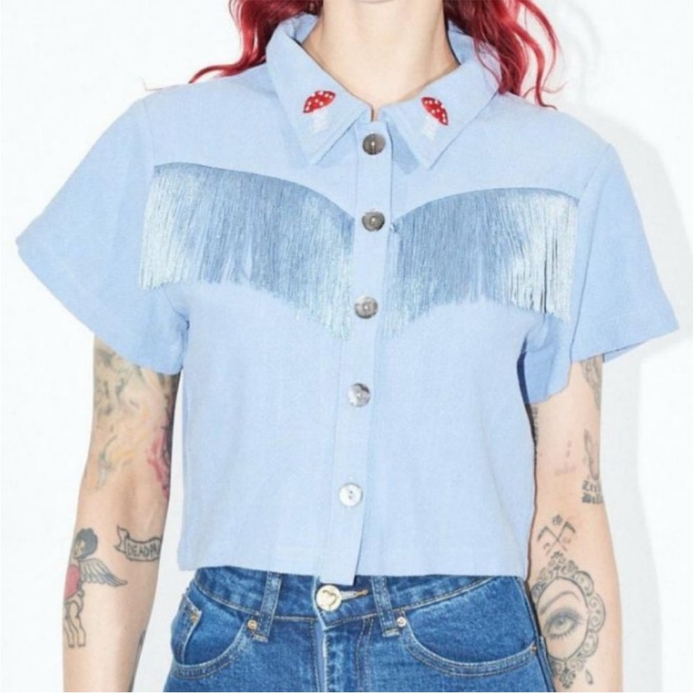 Fashion Brand Company Linen Mushroom Fringe Blouse NWOT